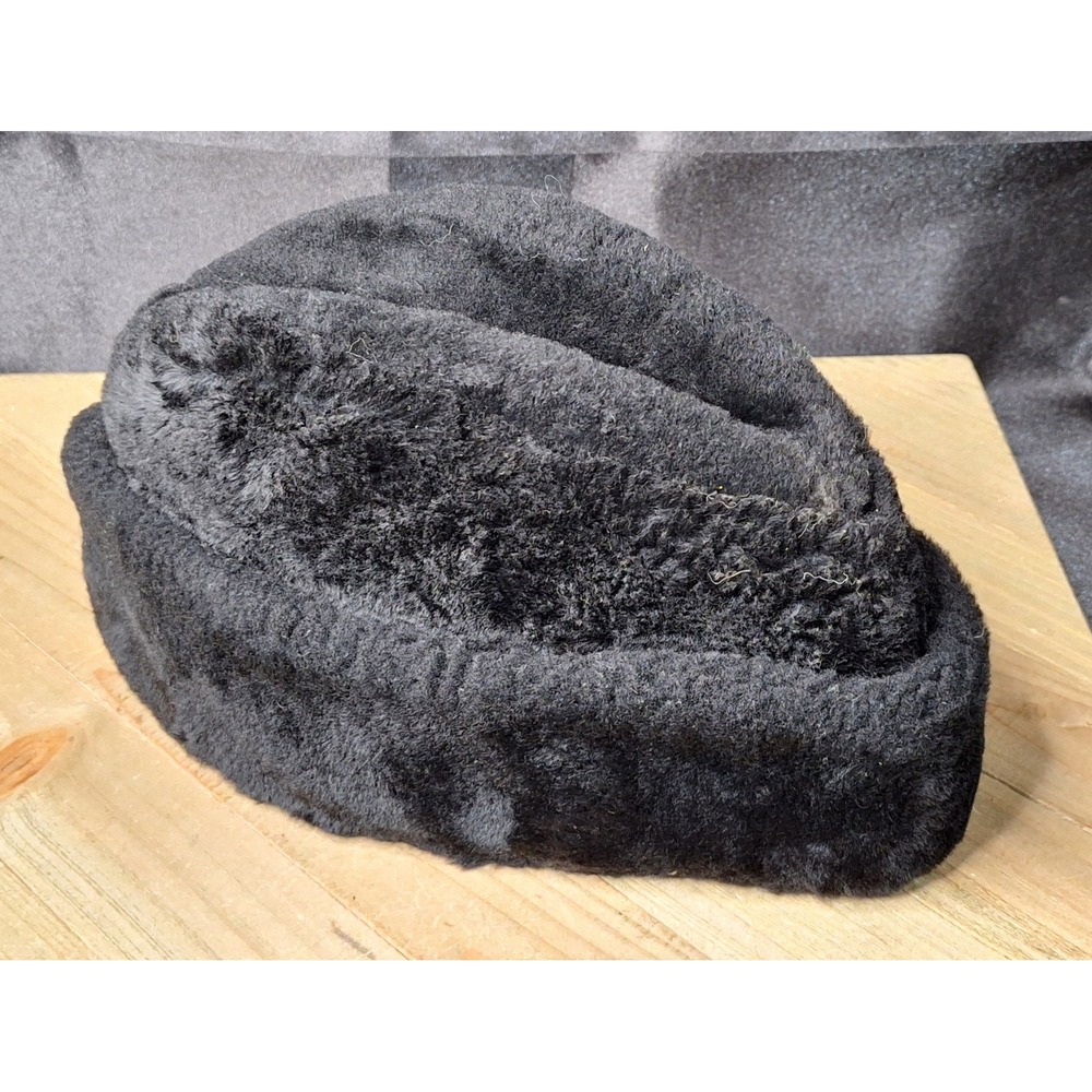 Vintage Black Faux Fur Trapper Cossac-style Hat sz Small Ear Flaps quilted liner